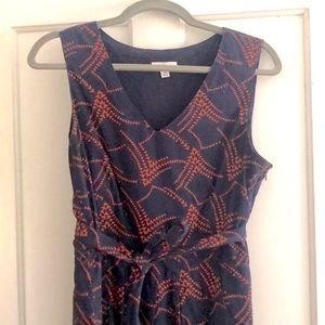 LL Bean signature poplin dress, blue with abstract orange bird pattern, 10